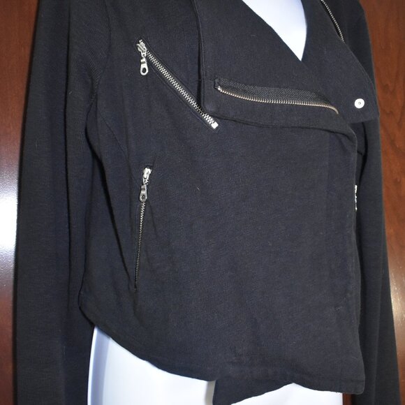 Hi Line Black Cotton Moto Biker Jacket Size Large Asymmetrical Zip - Picture 15 of 16